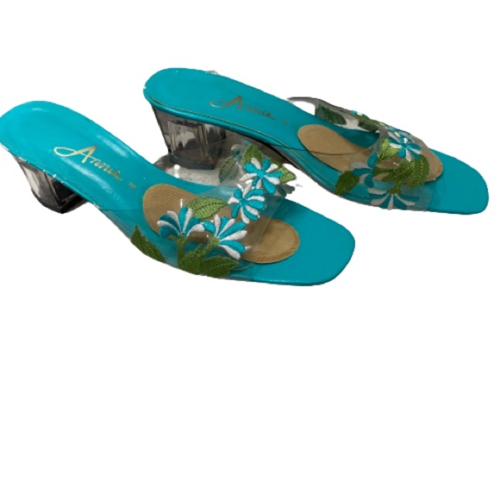 Annie Slides Lucite Block Heel Embroidered Vamp - image 7